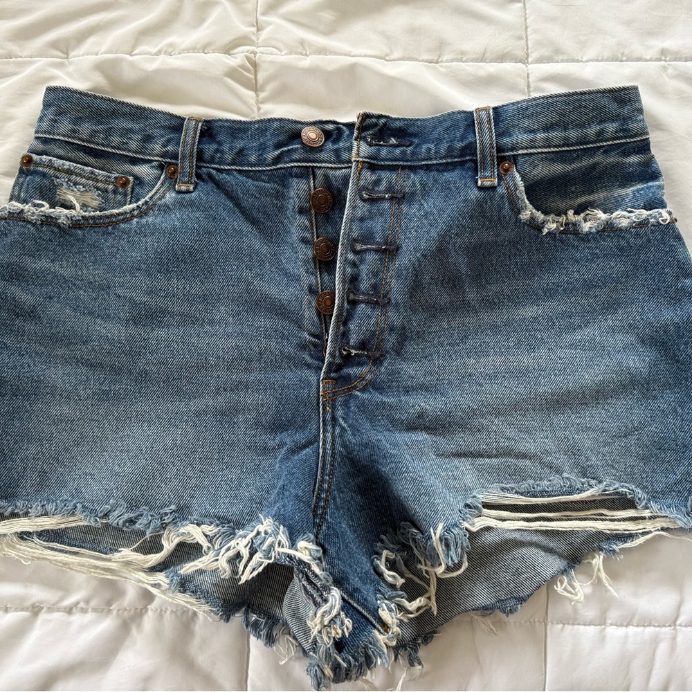 Distressed Denim Women's Button Fly High Rise Shorts